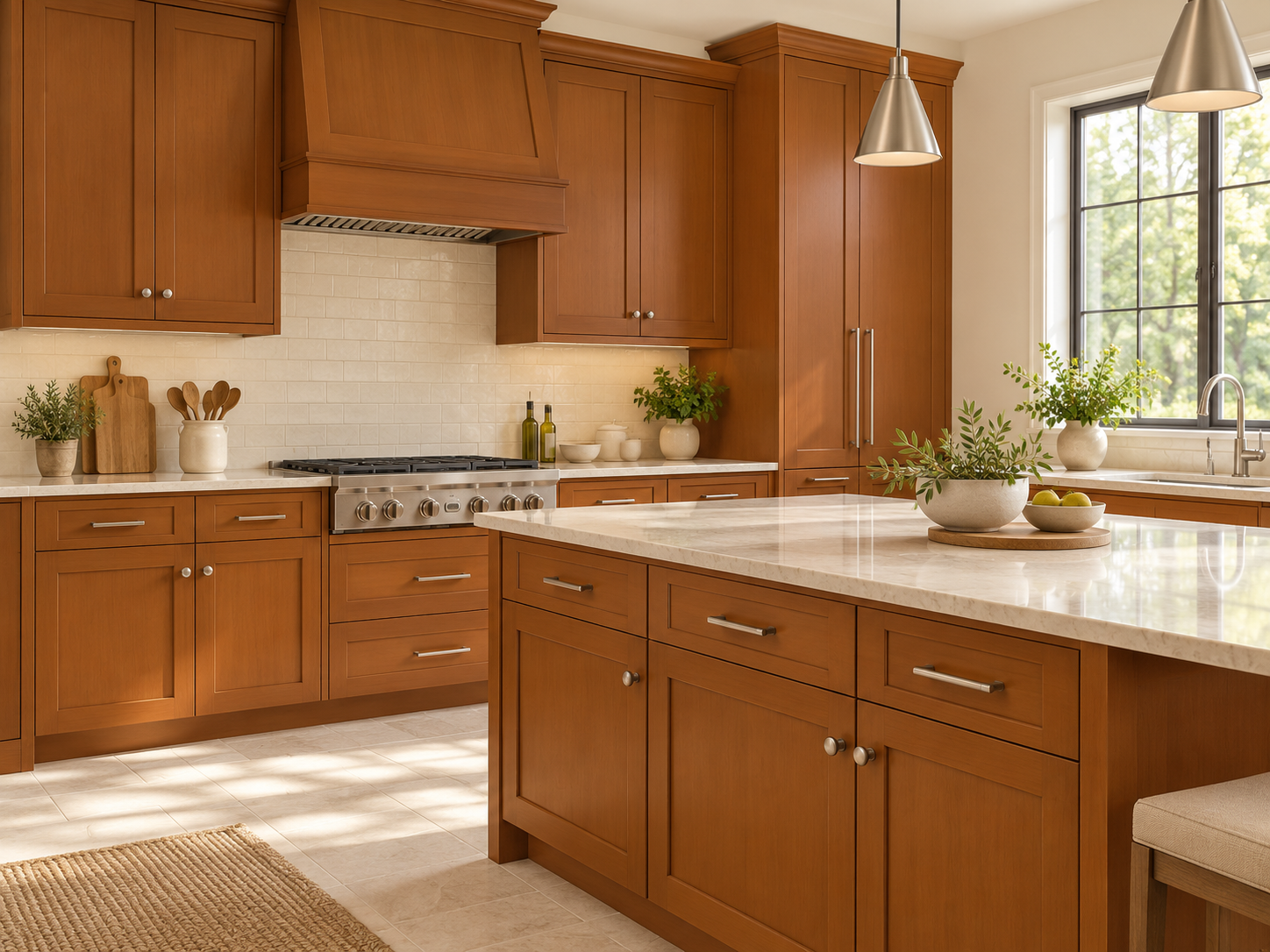 Kitchen cabinets and island finished in warm Traditional Cherry, with pale stone countertops and stainless steel fixtures.
