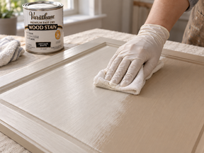 Gloved hand wiping Antique White fast-drying wood stain onto a cabinet door with a cloth.