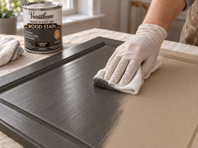 Gloved hand wiping Carbon Gray fast-drying wood stain onto a cabinet door with a cloth.