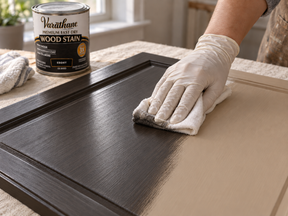 Gloved hand wiping Ebony fast-drying wood stain onto a cabinet door with a cloth.