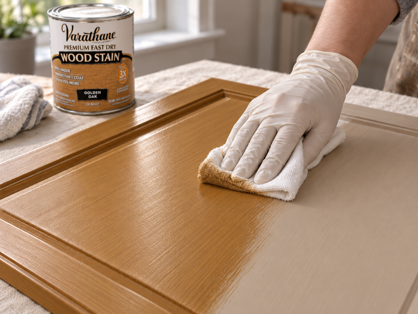 Gloved hand wiping Golden Oak fast-drying wood stain onto a cabinet door with a cloth.