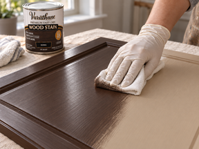 Gloved hand wiping Kona fast-drying wood stain onto a cabinet door with a cloth.