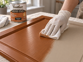 Gloved hand wiping Traditional Cherry fast-drying wood stain onto a cabinet door with a cloth.
