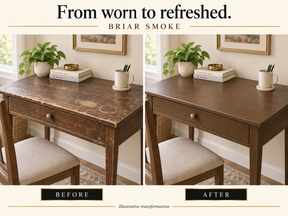 Illustrative before-and-after comparison of a scratched wooden writing desk refinished in Briarsmoke.