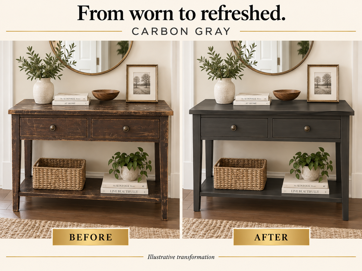 Illustrative before-and-after comparison of a worn two-drawer console table refinished in Carbon Gray.