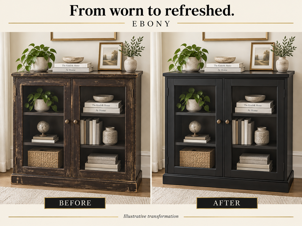 Illustrative before-and-after comparison of a worn glass-front bookcase refinished in Ebony.