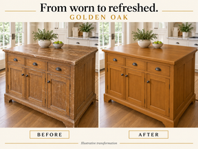 Illustrative before-and-after comparison of a worn wooden kitchen island refinished in Golden Oak.