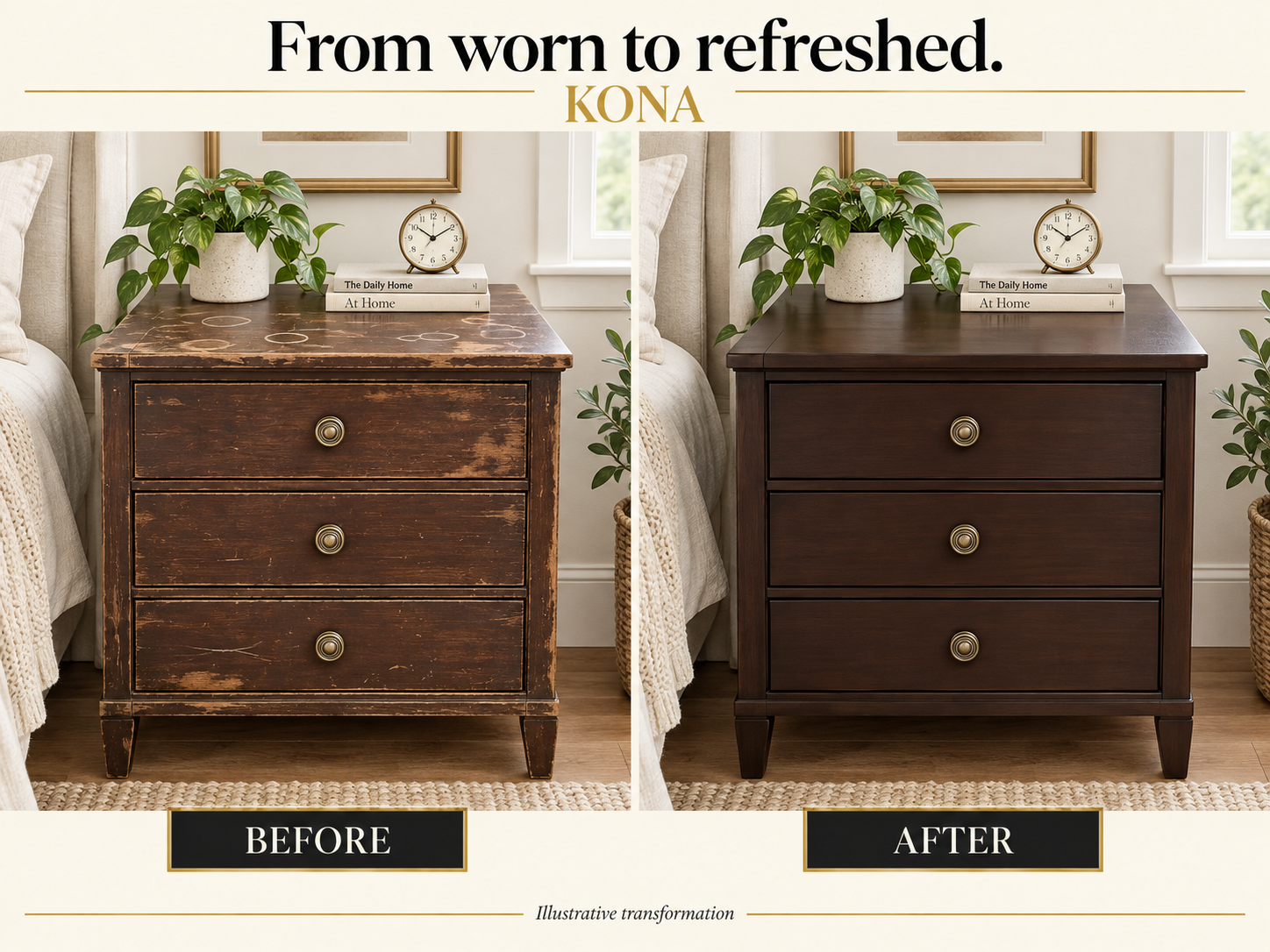 Illustrative before-and-after comparison of a worn three-drawer bedside table refinished in dark Kona.