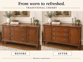 Illustrative before-and-after comparison of a scratched wooden sideboard refinished in Traditional Cherry.