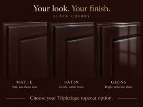 Black Cherry cabinet finish comparison: matte with low sheen, satin with subtle luster, and gloss with reflective shine.