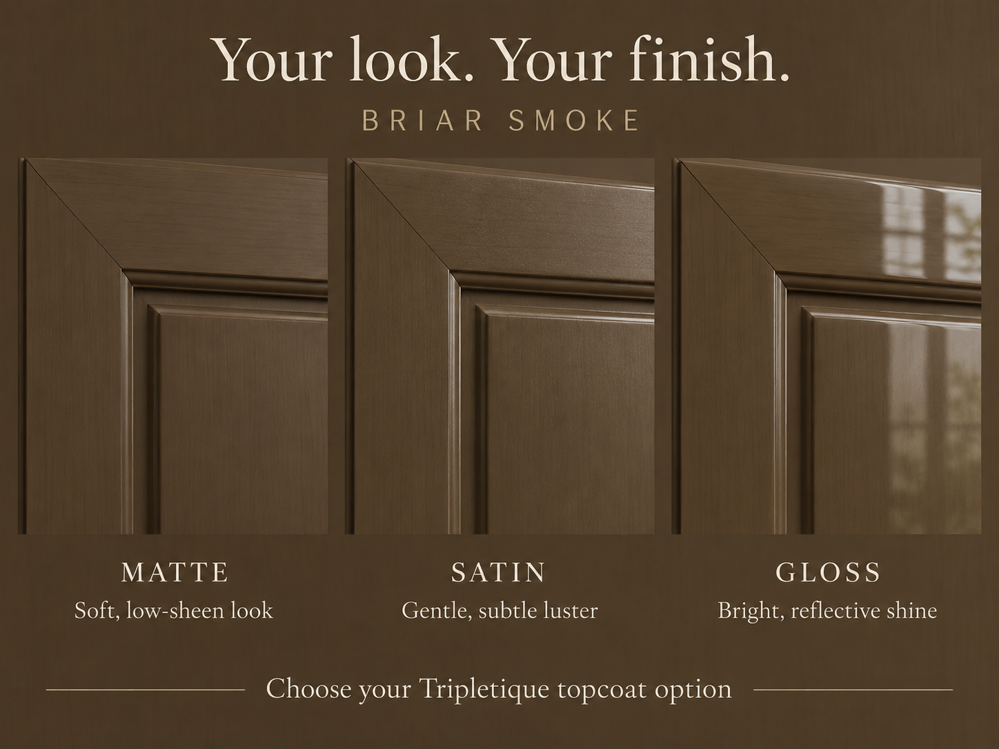 Briarsmoke cabinet finish comparison: matte with low sheen, satin with subtle luster, and gloss with reflective shine.