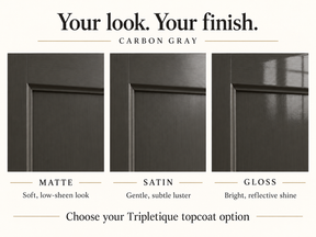 Carbon Gray cabinet finish comparison: matte with low sheen, satin with subtle luster, and gloss with reflective shine.