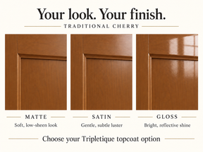Traditional Cherry cabinet finish comparison: matte with low sheen, satin with subtle luster, and gloss with reflective shine.