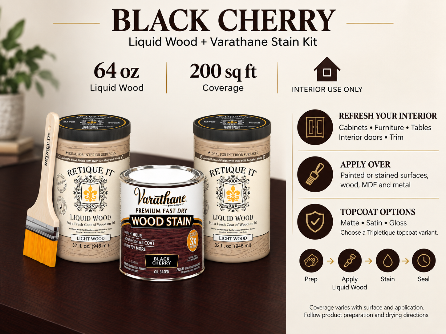 Black Cherry Liquid Wood and Varathane stain kit guide showing 64 oz of Liquid Wood, interior applications, preparation steps, and matte, satin, and gloss topcoat options.