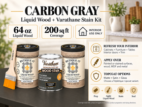 Carbon Gray Liquid Wood and Varathane stain kit guide showing 64 oz of Liquid Wood, interior applications, preparation steps, and matte, satin, and gloss topcoat options.