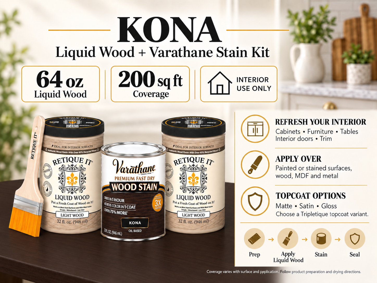Kona Liquid Wood and Varathane stain kit guide showing 64 oz of Liquid Wood, interior applications, preparation steps, and matte, satin, and gloss topcoat options.