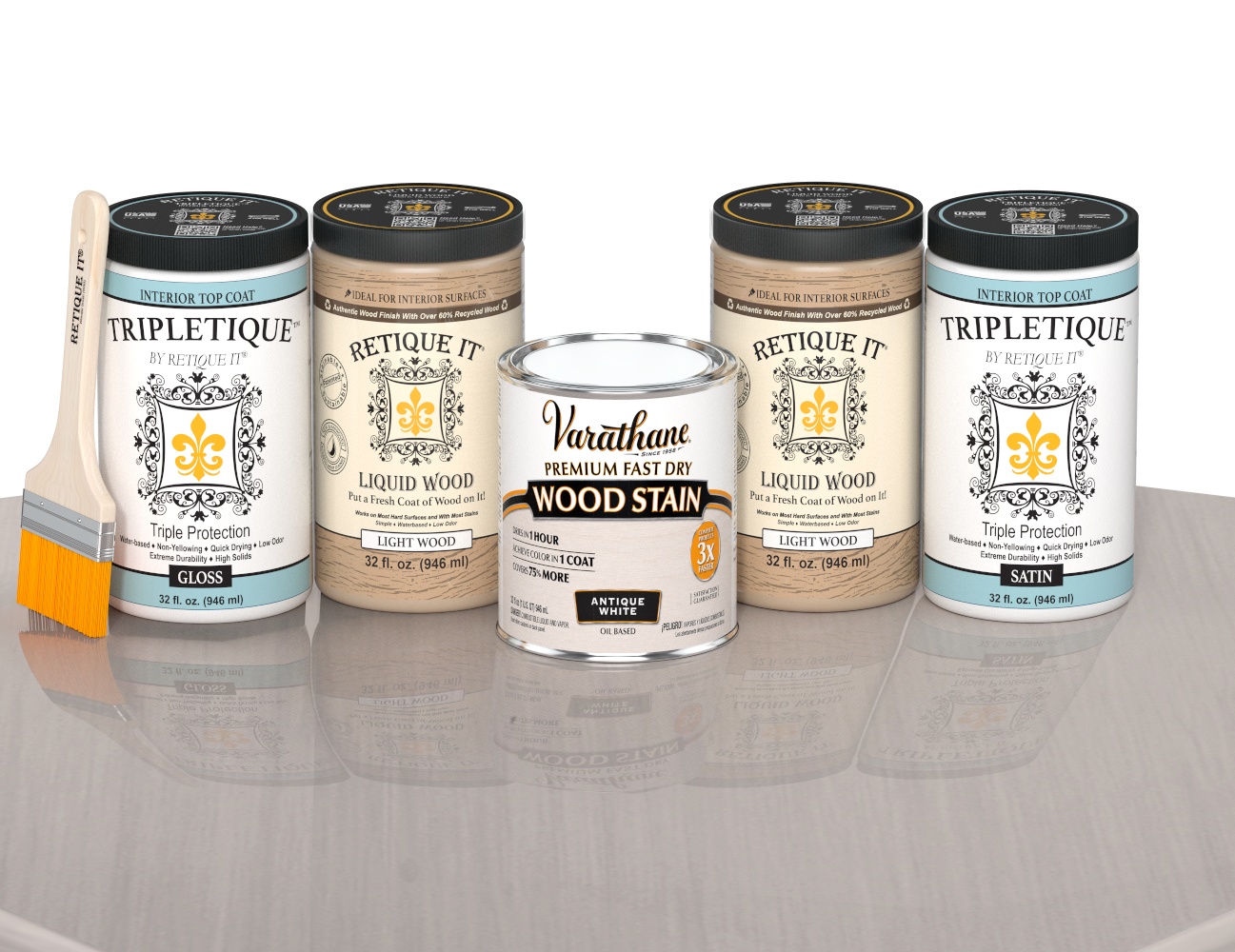 64 oz Retique It Liquid Wood kit with Antique White stain, gloss Tripletique topcoat, and a paintbrush on a matching finished tabletop.