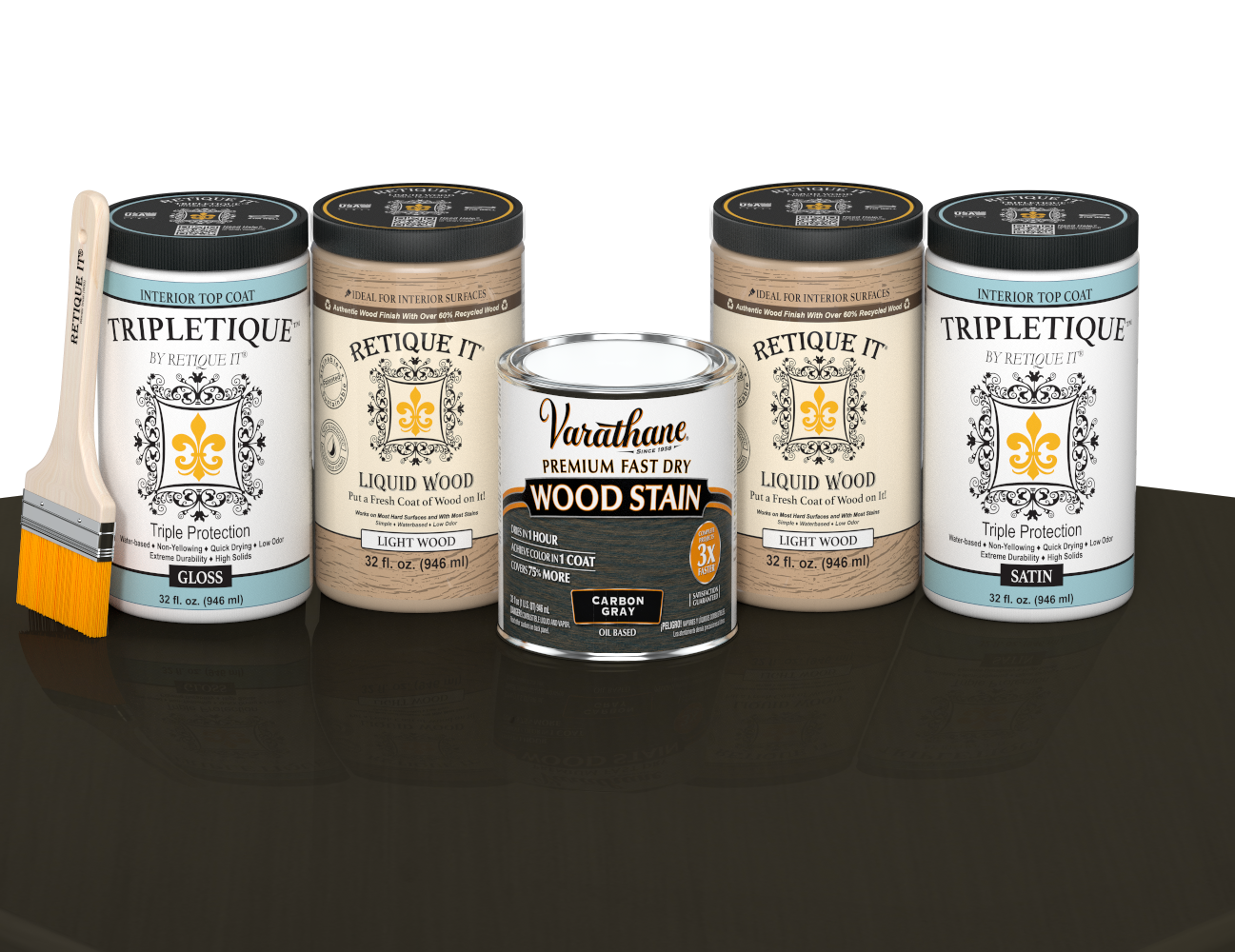 64 oz Retique It Liquid Wood kit with Carbon Gray stain, gloss Tripletique topcoat, and a paintbrush on a matching finished tabletop.