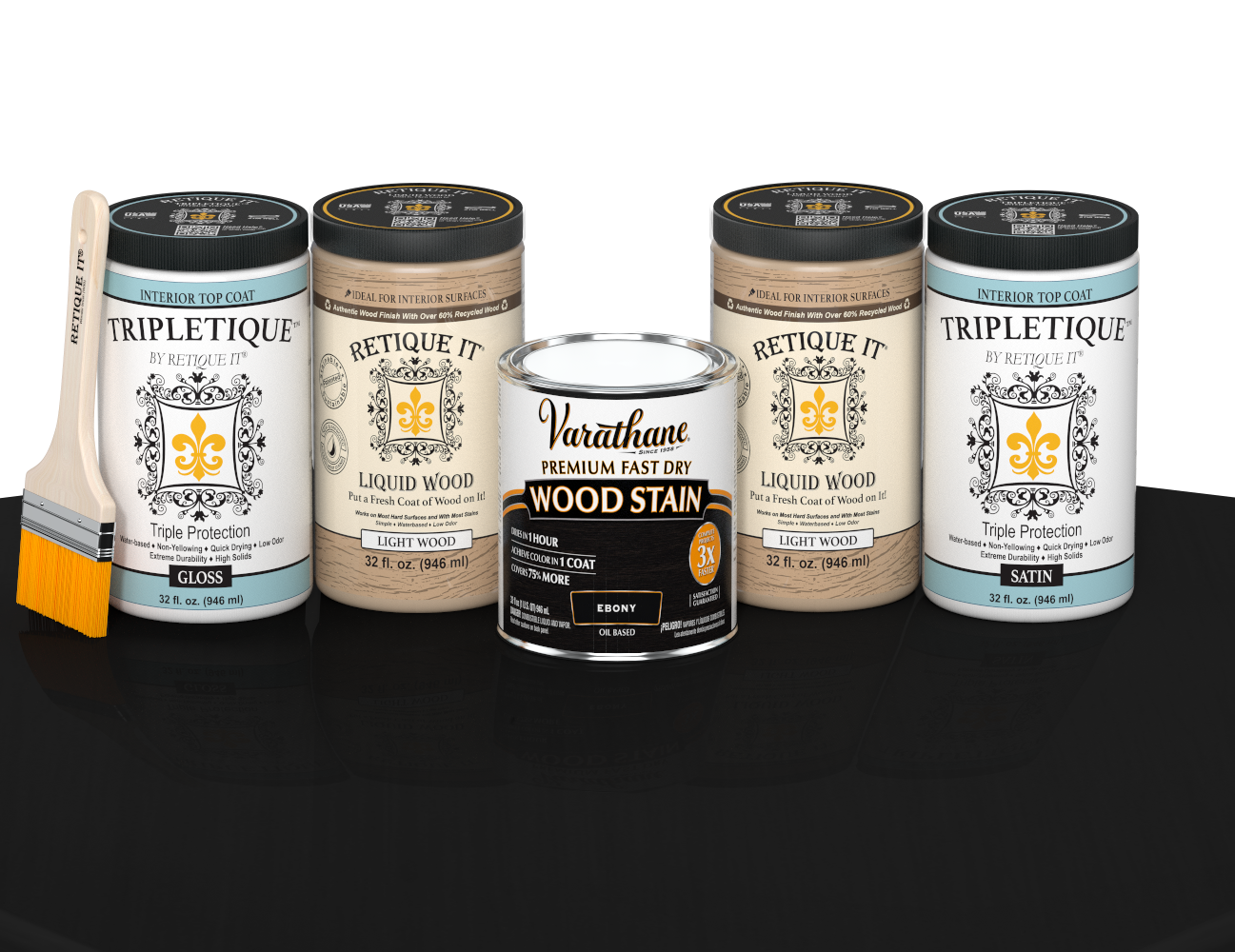 64 oz Retique It Liquid Wood kit with Ebony stain, gloss Tripletique topcoat, and a paintbrush on a matching finished tabletop.