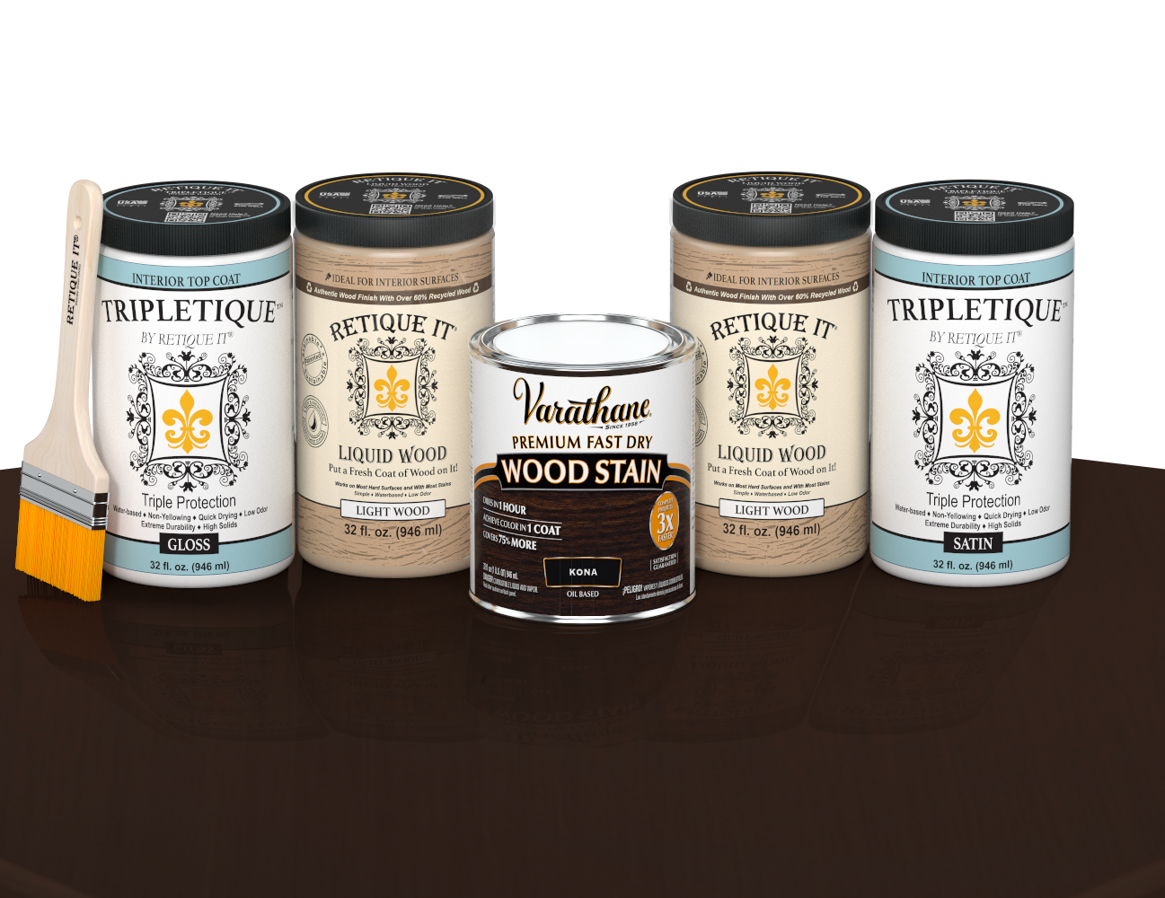 64 oz Retique It Liquid Wood kit with Kona stain, gloss Tripletique topcoat, and a paintbrush on a matching finished tabletop.