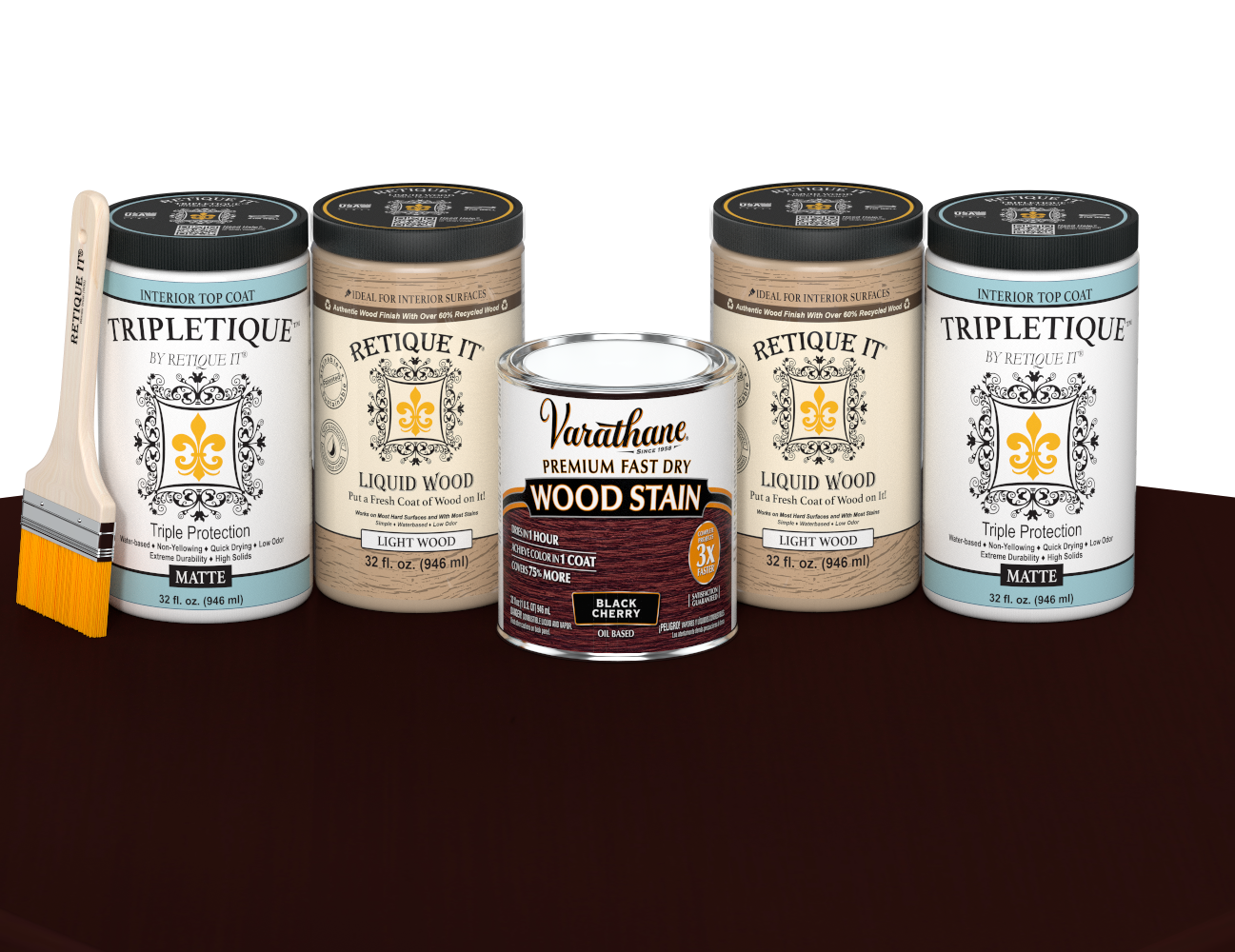 64 oz Retique It Liquid Wood kit with Black Cherry stain, matte Tripletique topcoat, and a paintbrush on a matching finished tabletop.