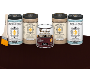 64 oz Retique It Liquid Wood kit with Black Cherry stain, matte Tripletique topcoat, and a paintbrush on a matching finished tabletop.