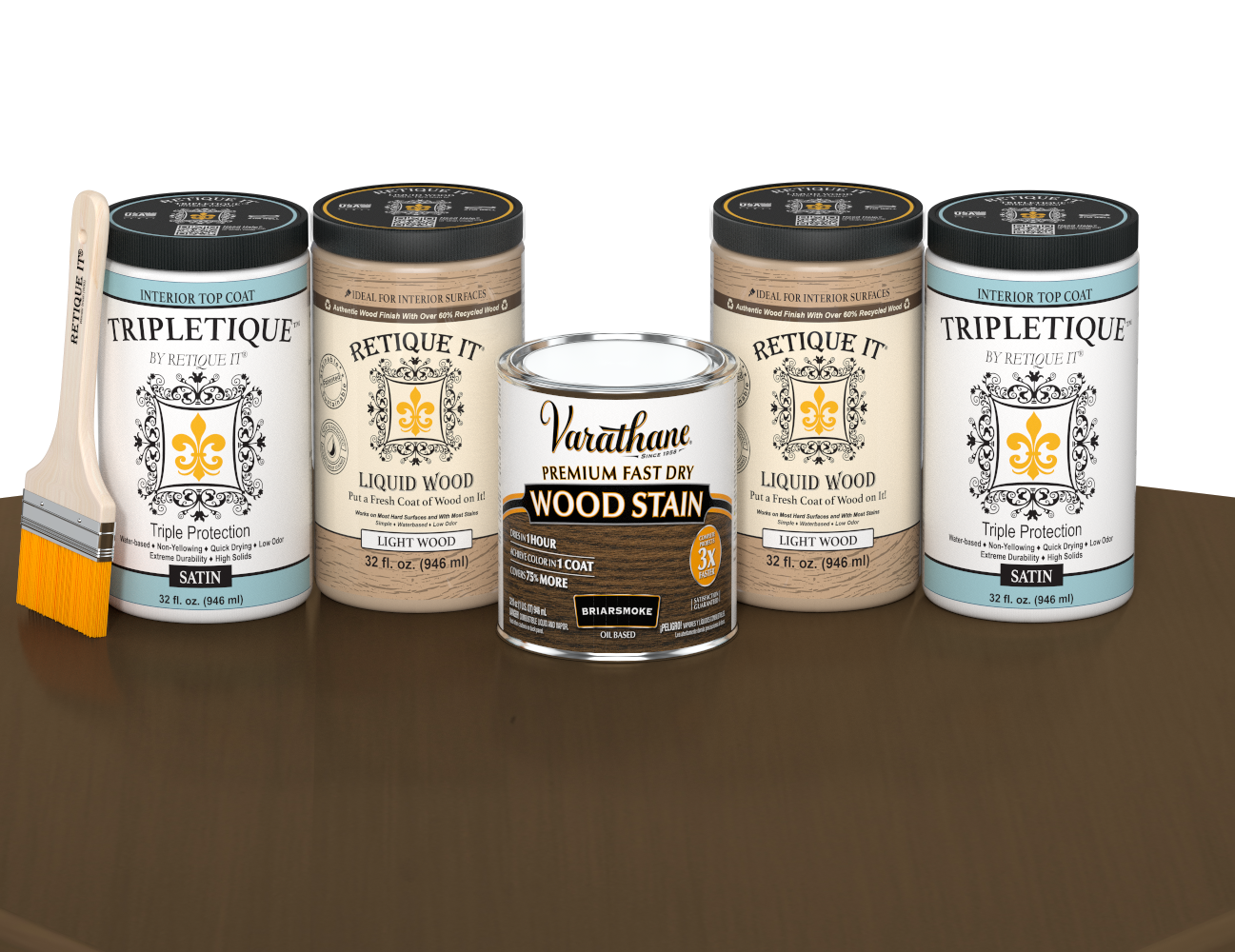 64 oz Retique It Liquid Wood kit with Briarsmoke stain, satin Tripletique topcoat, and a paintbrush on a matching finished tabletop.