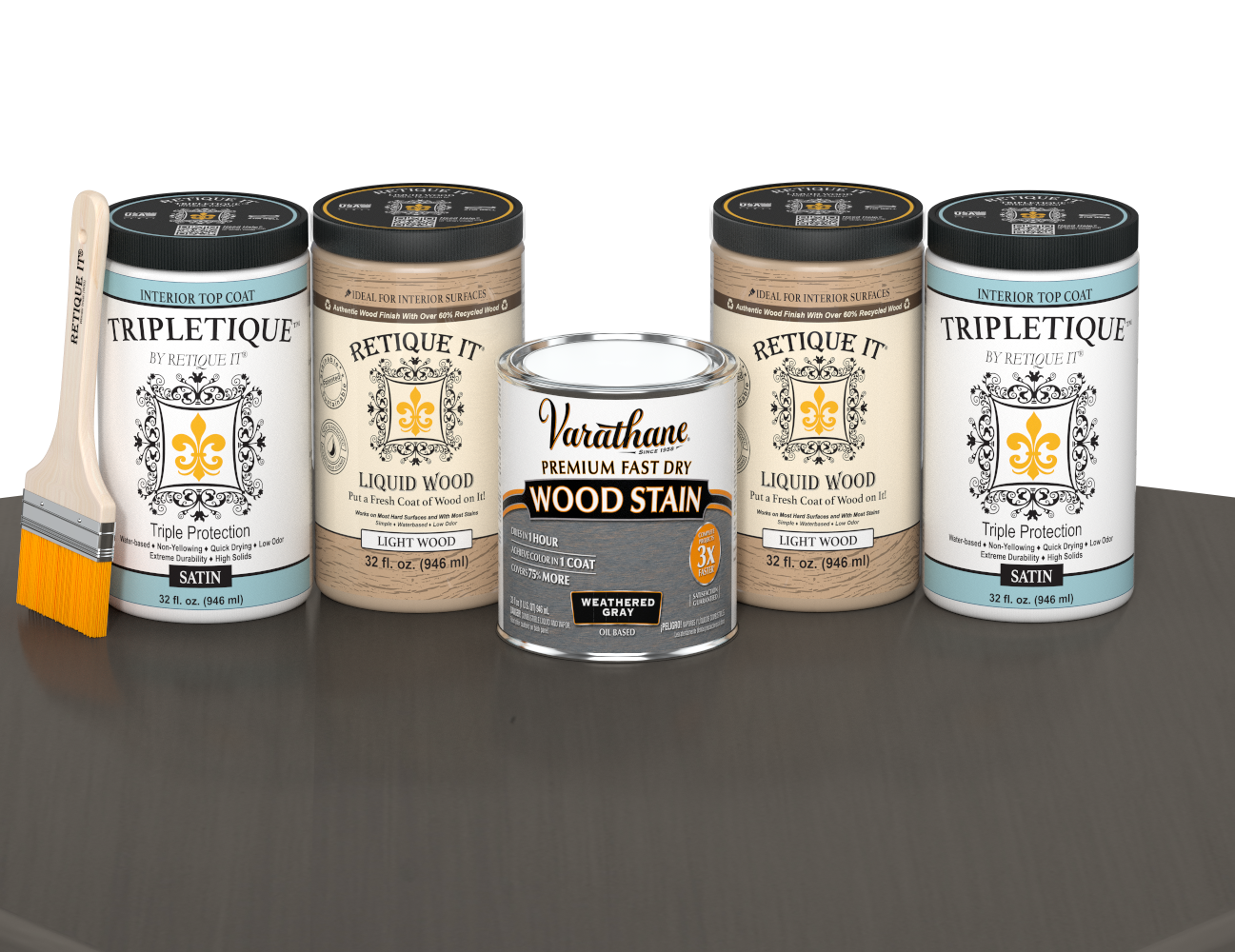 64 oz Retique It Liquid Wood kit with Weathered Gray stain, satin Tripletique topcoat, and a paintbrush on a matching finished tabletop.