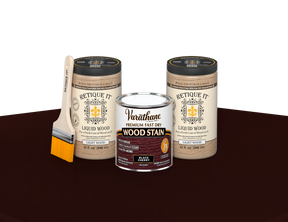 64 oz Retique It Liquid Wood kit with Varathane Black Cherry stain and a paintbrush on a matching finished tabletop.