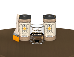 64 oz Retique It Liquid Wood kit with Varathane Briarsmoke stain and a paintbrush on a matching finished tabletop.