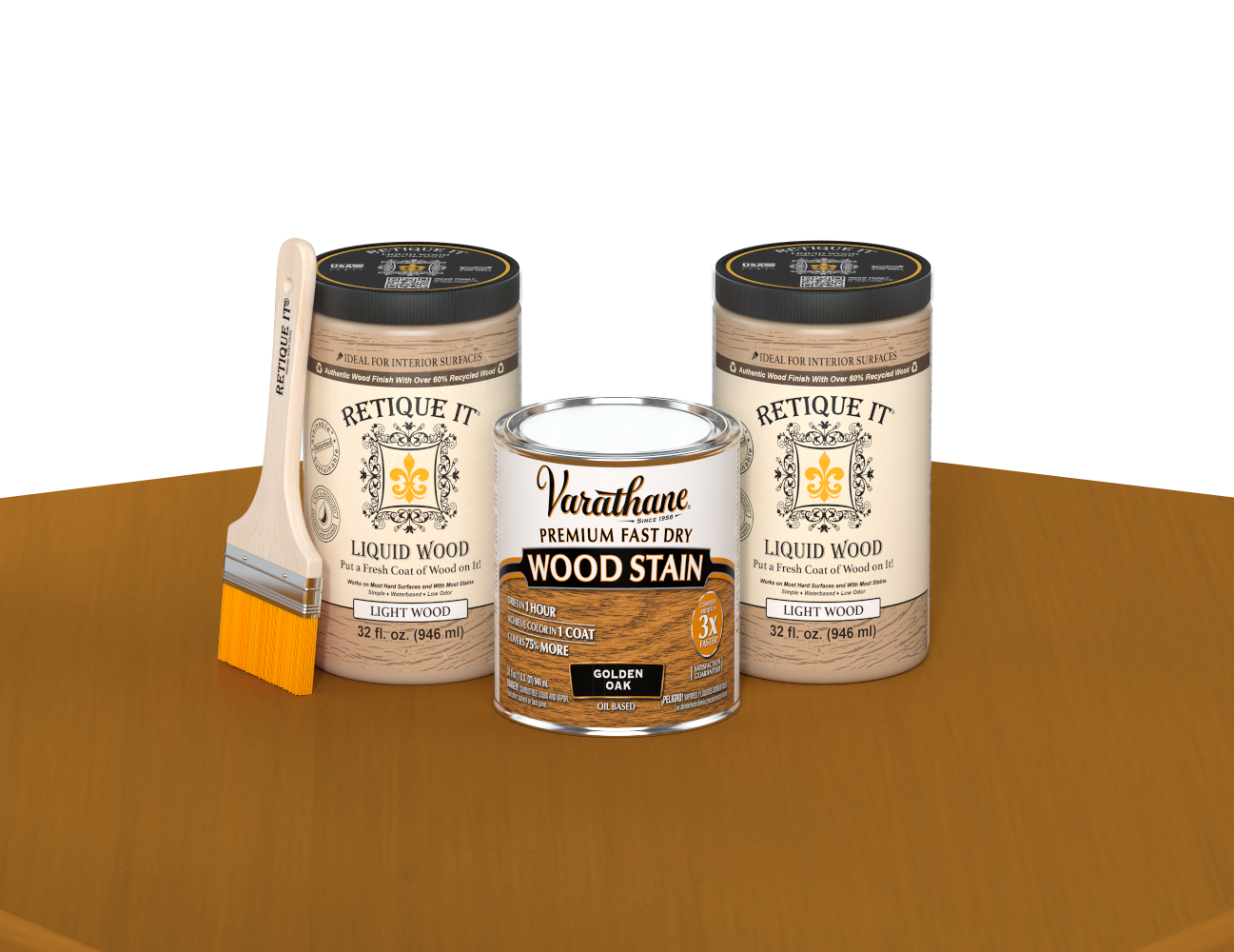 64 oz Retique It Liquid Wood kit with Varathane Golden Oak stain and a paintbrush on a matching finished tabletop.