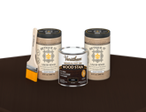 64 oz Retique It Liquid Wood kit with Varathane Kona stain and a paintbrush on a matching finished tabletop.