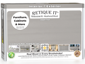 Retique It® wood finish kit with weathered wood interior top coat, featuring smooth finish application in a box with tools and sample boards.