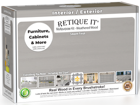 Retique It® Multi-purpose Smooth Finish Kit in Weathered Wood for exterior wood surfaces, includes top coat and finishing tools.