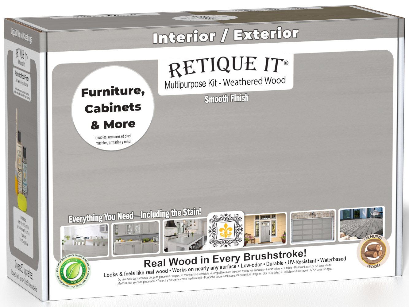 Retique It® wood finish kit in weathered wood with smooth finish, including applicator tools and finish samples in a box.