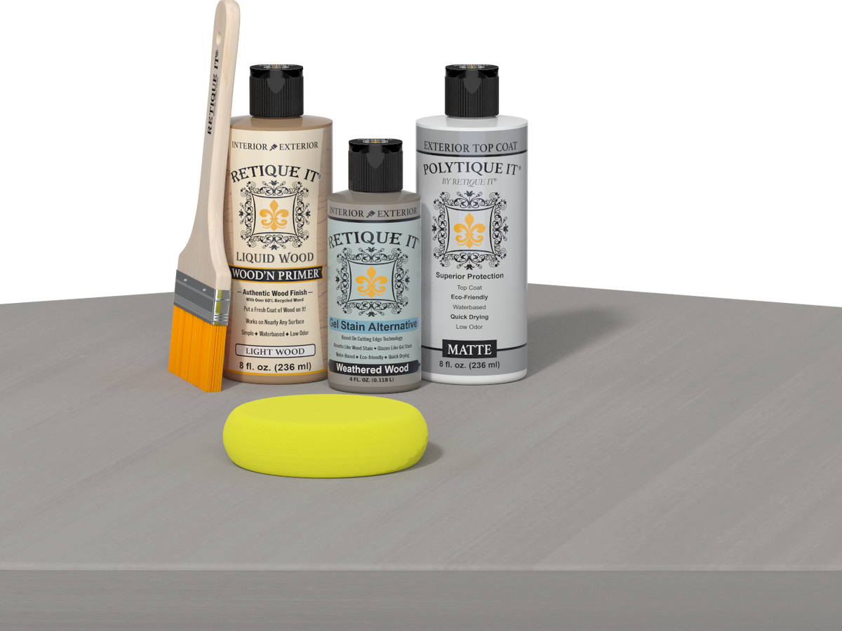 Retique It® Wood'n Finish Kit in Weathered Wood with smooth top coat, shown on a wooden table for exterior wood finishing.