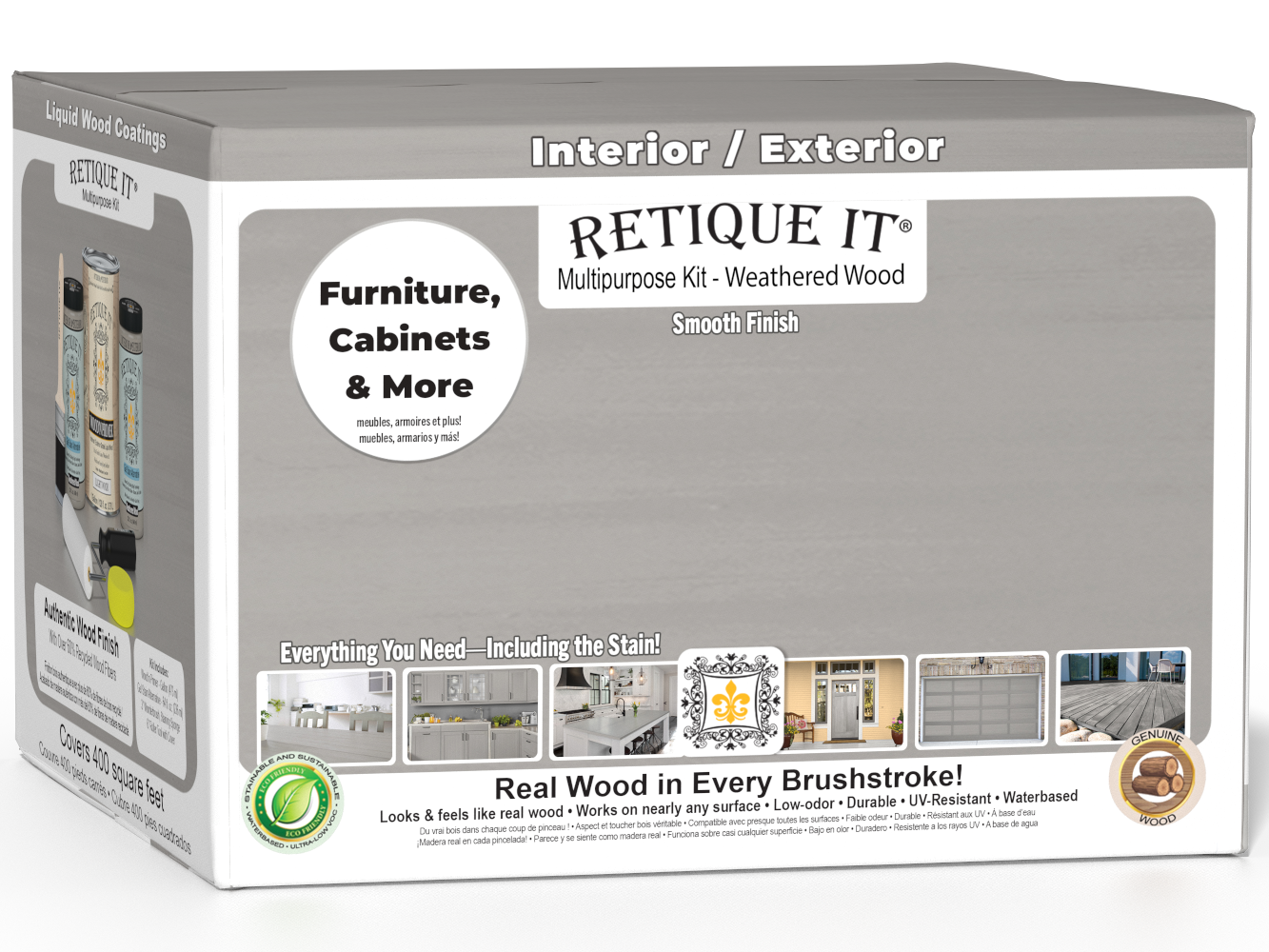 Retique It® Weathered Wood Multi-purpose Smooth Finish Kit with four large interior top coat containers in a box.