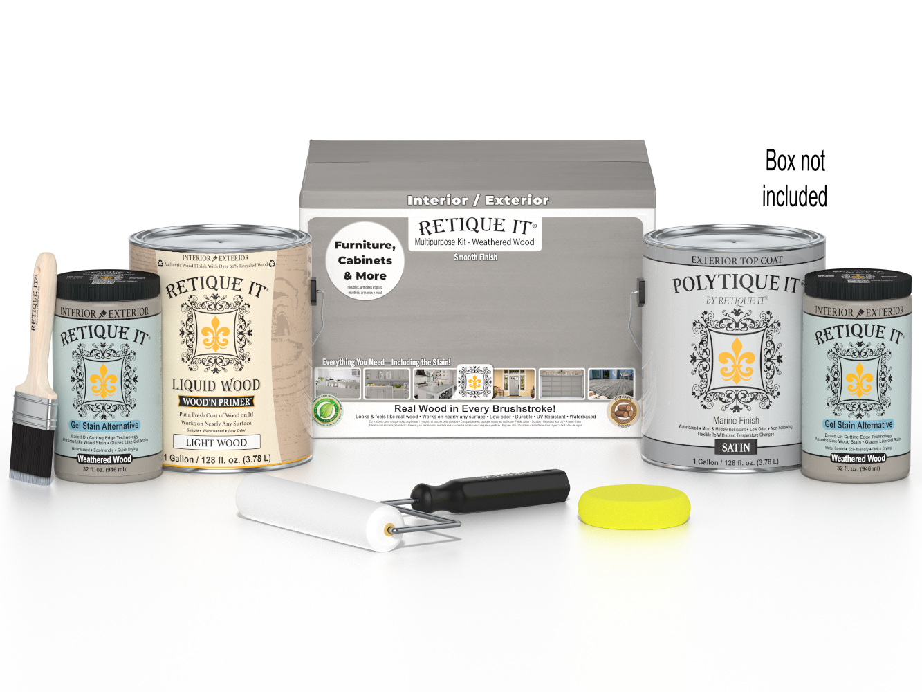 Retique It® Weathered Wood Multi-purpose Smooth Finish Kit with four large exterior top coat bottles in weathered wood color.
