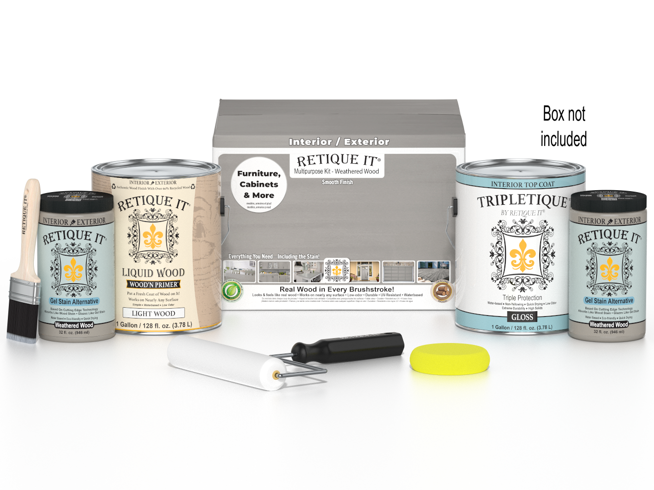 Retique It® Weathered Wood Multi-purpose Smooth Finish Kit with 4 large top coat bottles for interior wood projects.