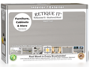Retique It® Multi-purpose Smooth Finish Kit in Weathered Wood for interior top coating, includes wood finish and application tools.