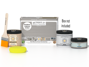 Retique It® Wood'n Finish Kit in Weathered Wood for exterior top coat with smooth finish, includes applicator and product box.