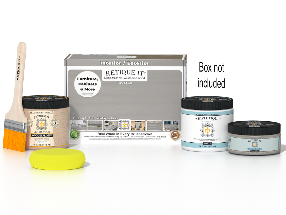 Retique It® Weathered Wood Multi-purpose Smooth Finish Kit for interior top coat, includes wood finish materials and tools.