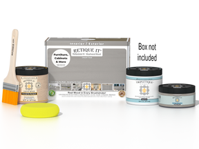 Retique It® Weathered Wood Multi-purpose Smooth Finish Kit for interior top coat, includes wood finish materials and tools.