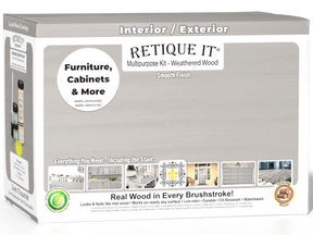 Retique It® Multi-purpose Smooth Finish Kit in Weathered Wood for exterior wood projects, large size with top coat and applicator tools.
