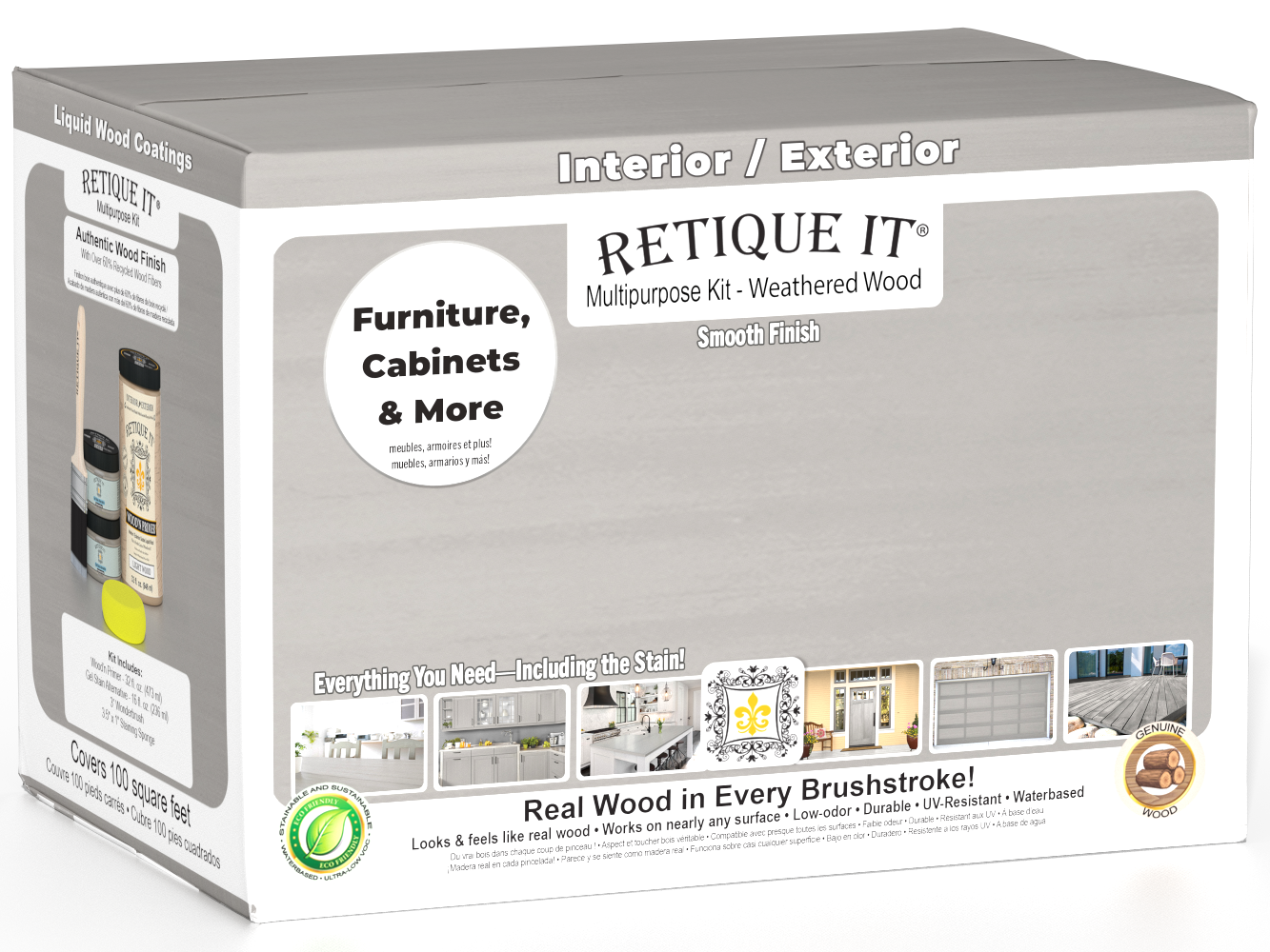 Retique It® Multi-purpose Smooth Finish Kit in Weathered Wood, large size, showing wood finish tools and product packaging.