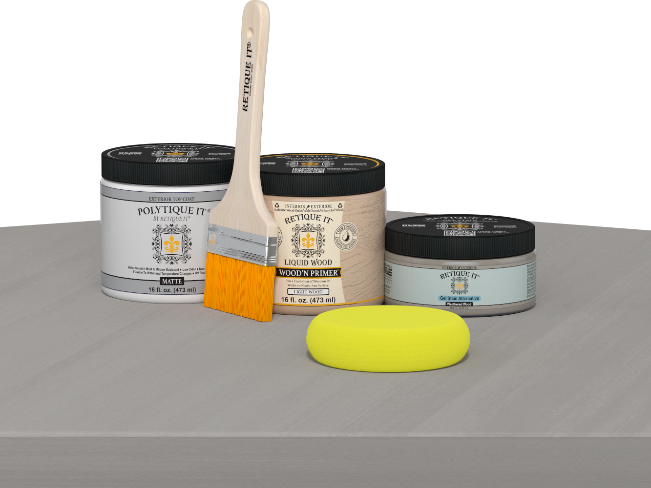 Retique It® Multi-purpose Smooth Finish Kit in Weathered Wood for exterior wood projects, includes top coat and application tools.