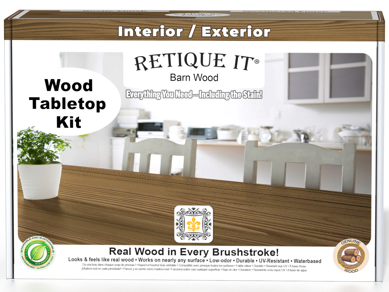 Retique It® Wood'n Finish Kit in Modern Walnut stain, featuring a tabletop with a rich walnut wood finish and detailed grain.