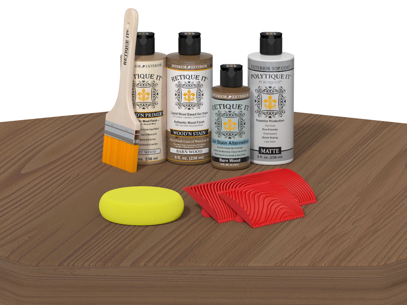 Wood care products including bottles, a brush, a sponge, and cloths on a wooden surface.