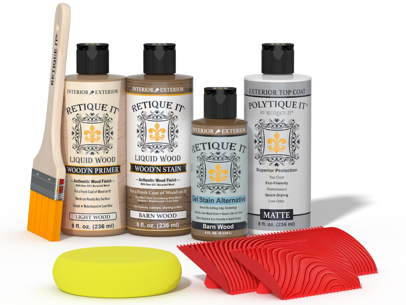 Retique It Wood'n Finish Kit in Barn Wood for exterior topcoat, featuring a multi-purpose wood finish application.