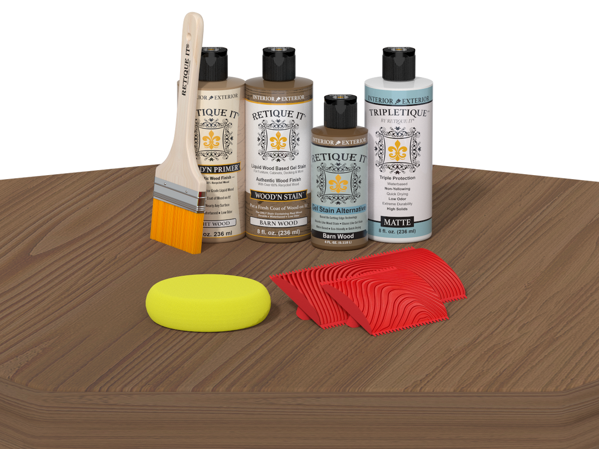 Set of wood care products including bottles, a brush, a sponge, and cloths on a wooden surface.